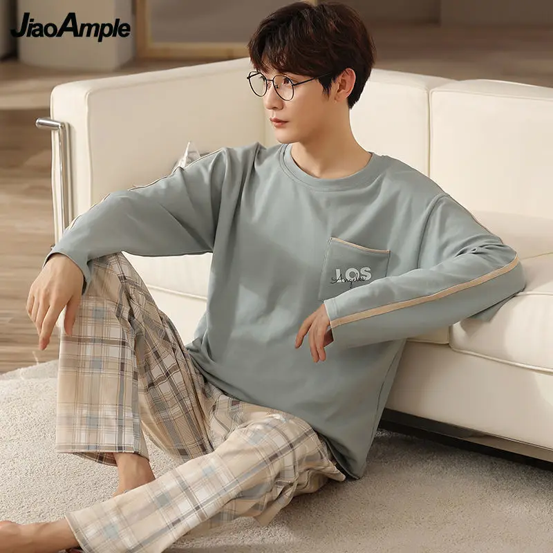 100% Cotton Pajamas Men's O-Neck Long-sleeved Trousers Pijamas Two-piece 2022 Sprin  Fall New Casual Sleepwear Home Clothes Suit
