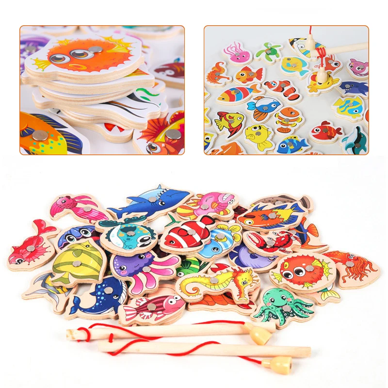 Wooden Magnetic Fshing Game Cartoon Marine Life Cognition Fish Rod Toys for Children Early Educational Parent-child Interactive | Игрушки и