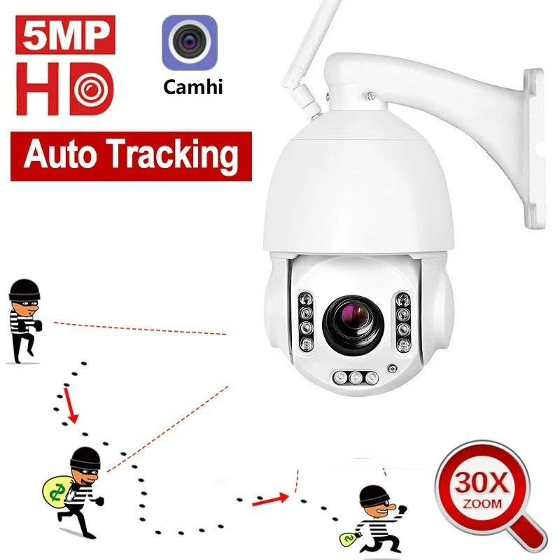 

Outdoor IP Camera 5MP WIFI AI Auto Tracking 30X Zoom Wireless PTZ Speed Dome CCTV Camera Two Way Audio IR 60m Camhi