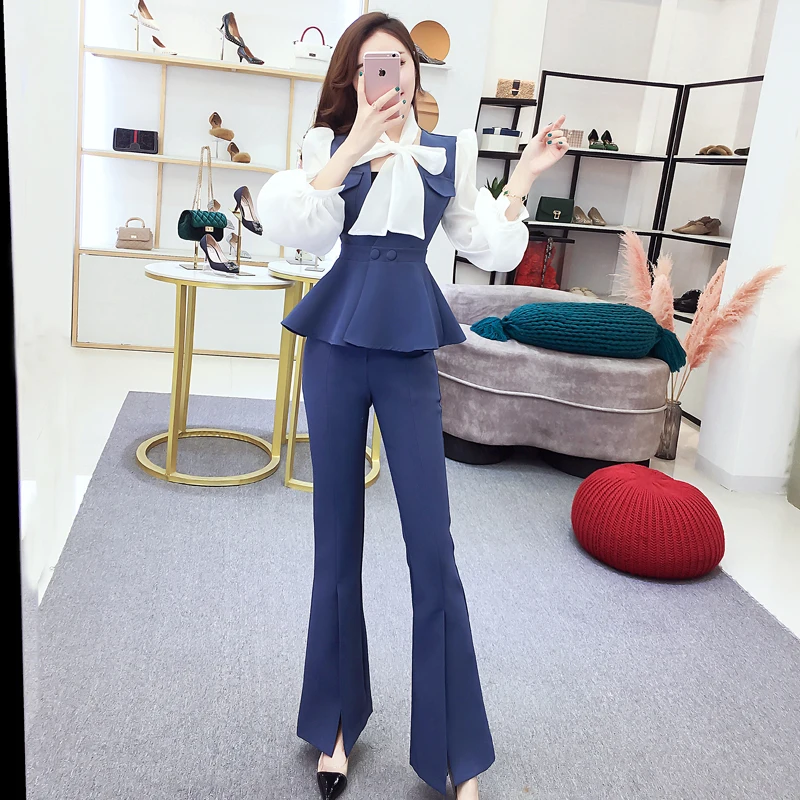 

2020 Spring suit new bow net yarn splicing tops pants of tall waist flares bow shirt top slim trousers women outfit fashion