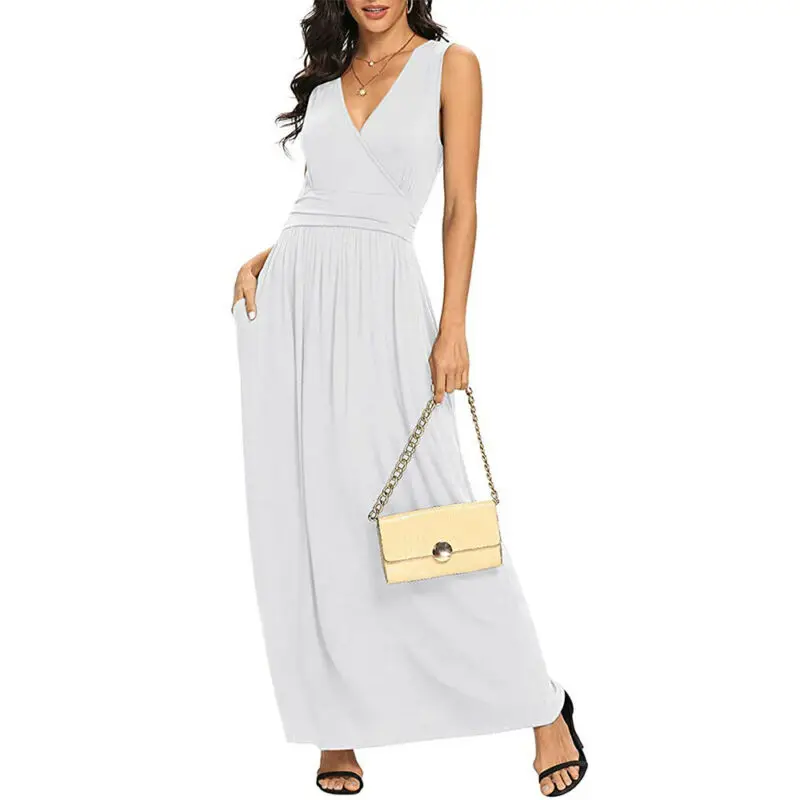 

Womens Sleeveless V Neck Maxi Dress Ladies Summer Loose Party Work Tank Dresses
