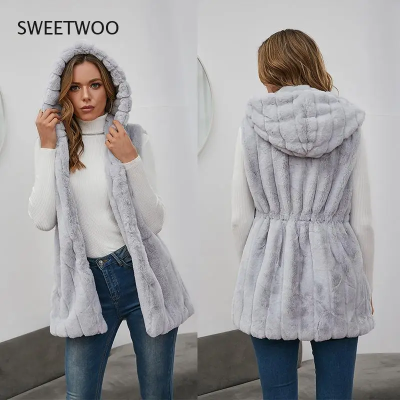 

Winter Sleeveless Vest Faux Fur Coat with Hood Gilet Fake Fur Womens Jacket Solid Color Pocket Loose Warm Fur Warm Vest Overcoat
