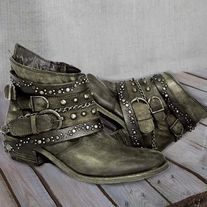 

Women ankle boots low heels shoes vintage PU leather gladiator booties rivets buckle deco woman mujer zapatos botas mujer 2020