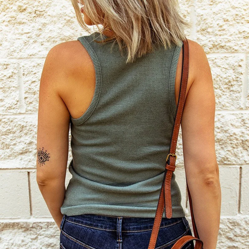 

2021 Spring Summer Square Collar Button Tops Solid Casual Slim Women Shirt Blusa Fashion Sleeveless Ribbed Knitted Vest Blouses