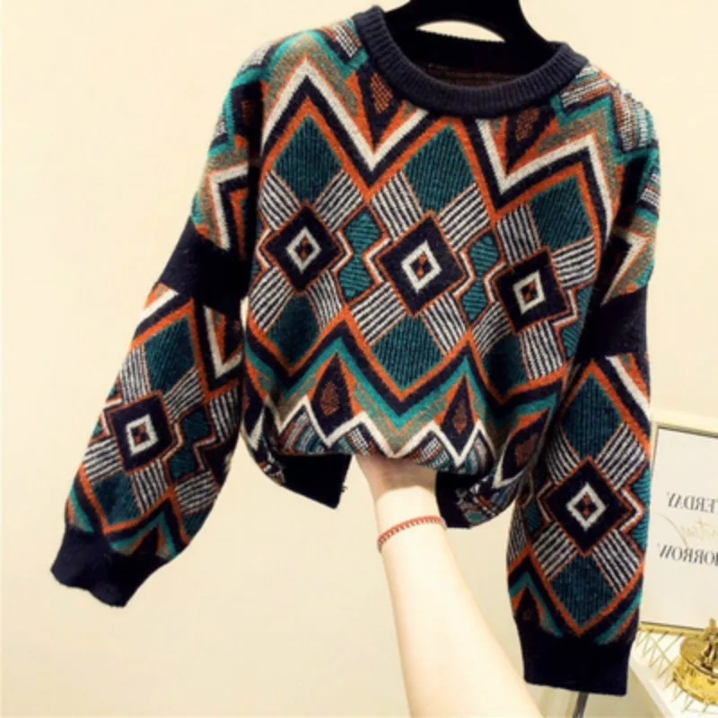 korobov autumn winter new arrival women sweaters long sleeve plaid o-Neck pullovers OL 79074 | Женская одежда