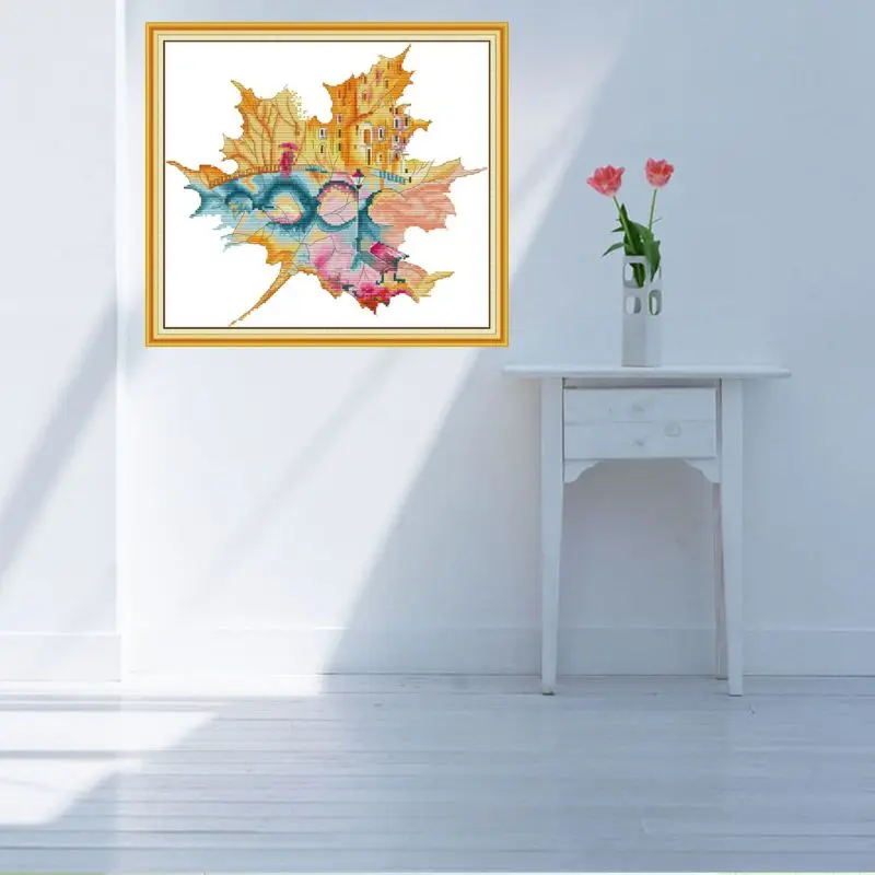 Новый город в кленовый лист ручной работы Рукоделие Счетный 14CT печать вышивки