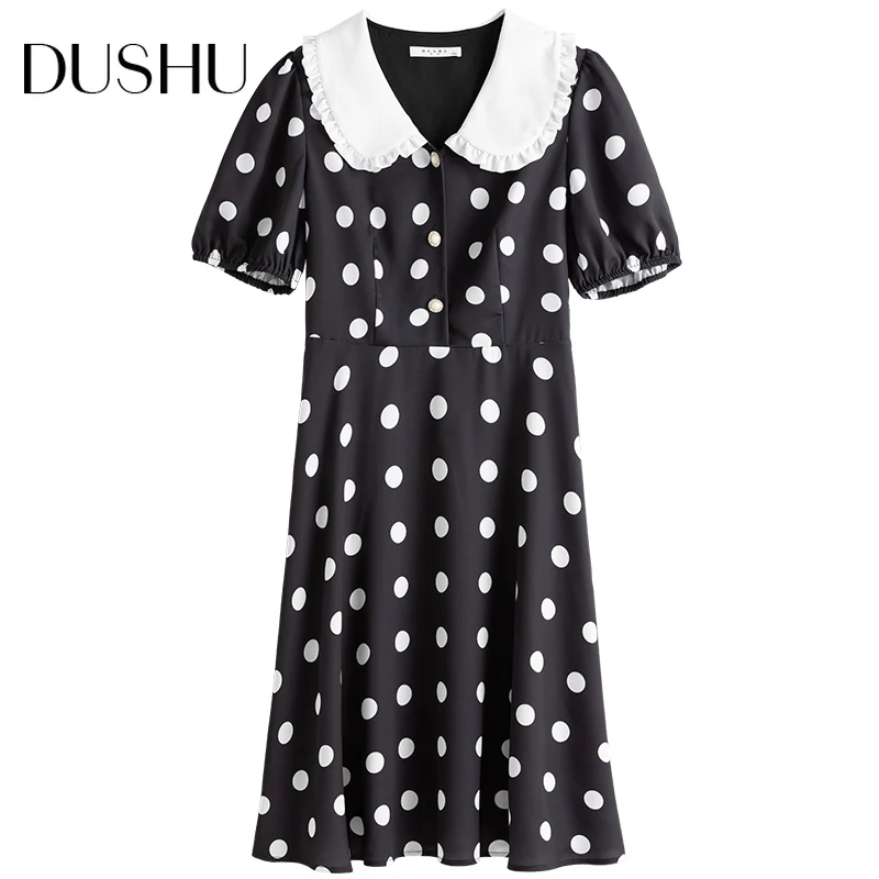 

DUSHU Plus size vintage ruffe satin black dress Women polka dot summer puff sleeve elegant dress Female boho midi party dresses