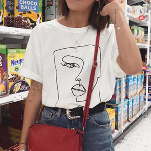 Футболка женская хлопковая с абстрактным изображением лица простой рисунок