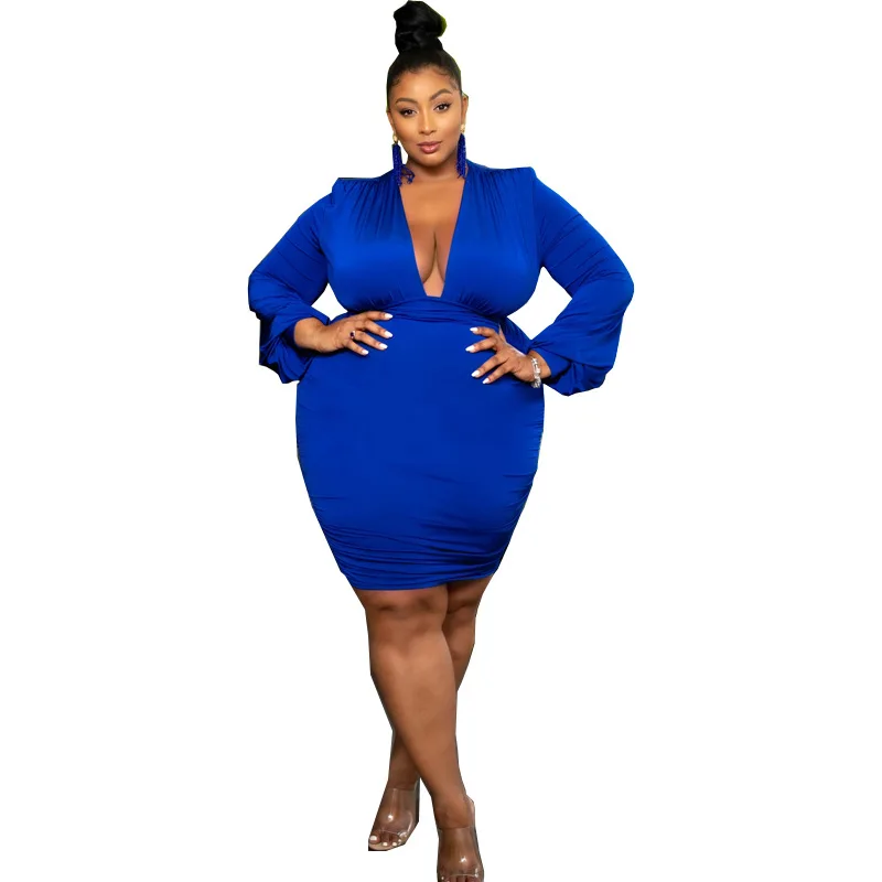 

Plus Size Solid Color Full Sleeve Dress Elegant Skirt Women's Clothing Banquet Special Occasion Wear V-neck Outfit Curved 4XL