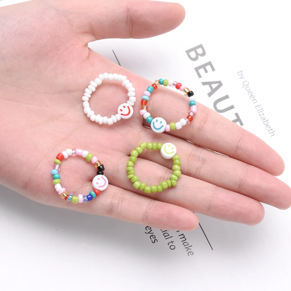 2021 Инс Минималистические многожильные кольца с имитацией жемчуга и улыбкой для женщин, круглые, на пальцы, ювелирные изделия, регулируемые аксессуары.