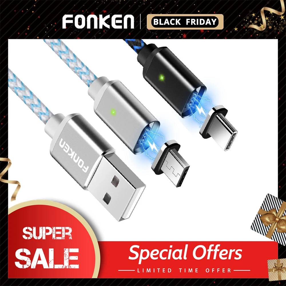 Магнитный usb-кабель FONKEN Micro usb type-C, магнитный кабель для телефона, светодиодный кабель для быстрой зарядки, мини USB C, зарядный шнур для мобильного телефона