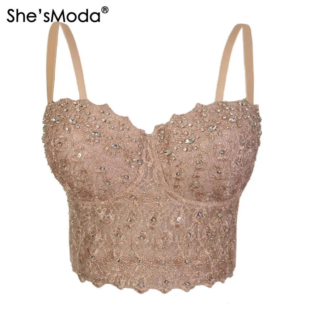 She'sModa телесный сетчатый кружевной Бюстье с бусинами жемчужинами бриллиантами