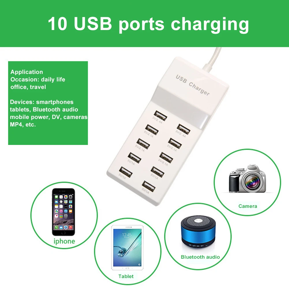 

Multi-Port USB Charger 10 USB Ports 5V/40W Desktop Charging Station Hub