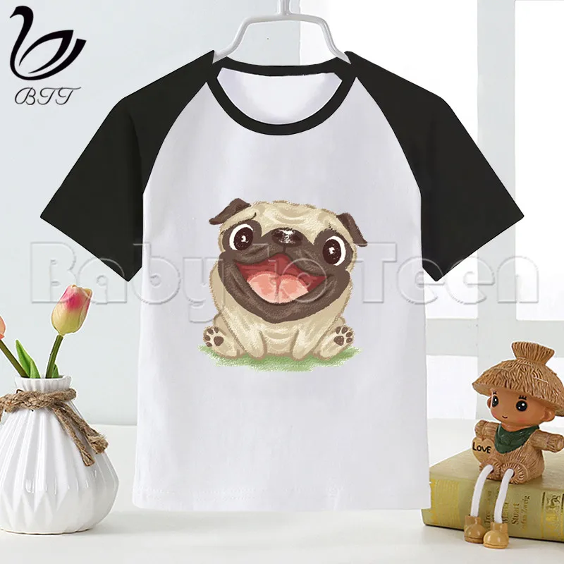 

Watercolor Pug Cartoon Fashion Funny Print T-shirt Kids Summer O-Neck Tops Boys & Girls Tshirt