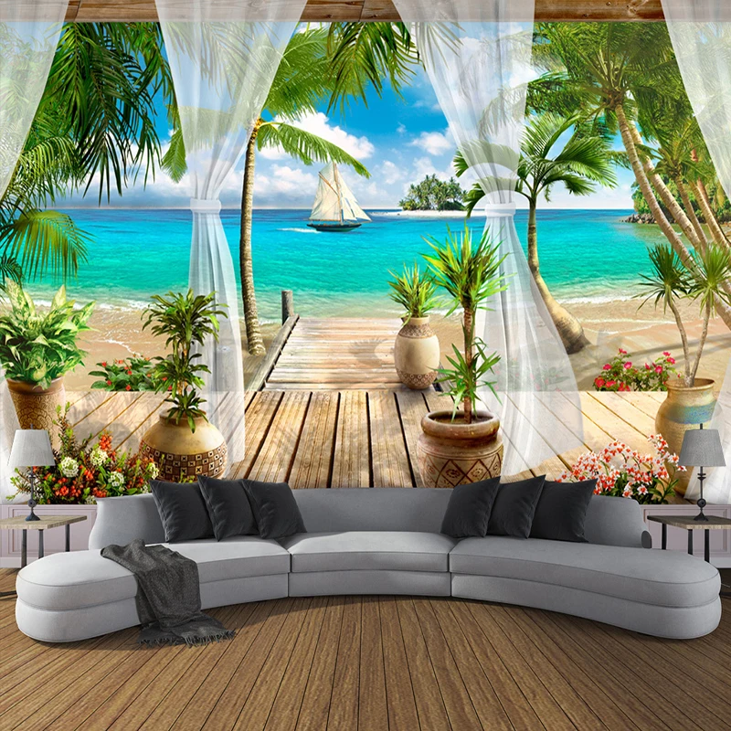 

Пользовательские 3D фото обои балкон песчаный пляж вид на море 3D гостиная диван спальня фон для телевизора Настенные обои домашний декор