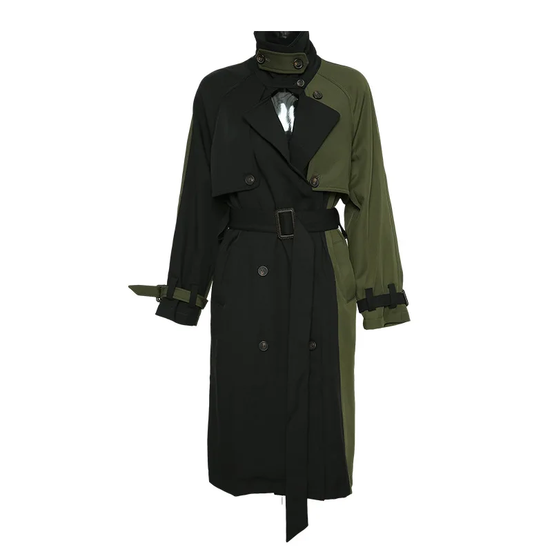

Fall Winter Trench Coat Women Black Long Section Hit Color Korean Waist Was Thin Thick Stitching Jacket Female British Style