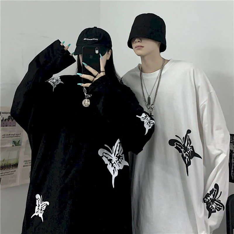 

2020 New Long-Sleeved Tshirt Women T-Shirt Couple Female Student Harajuku Korean Loose Wild Super Fire Butterfly Print Top