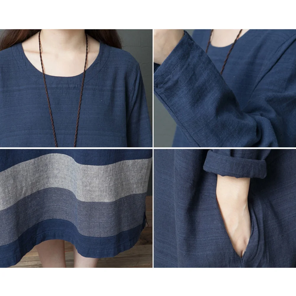

Women Retro Long Sleeve Round Neck Cotton and Linen Loose Striped Midi Dress