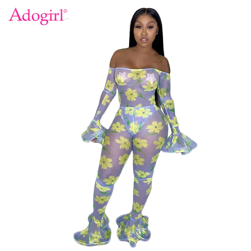 

Adogirl Floral Print Sheer Mesh Women Sexy Jumpsuits Slash Neck Off Shoulder Flare Sleeve Foot Cut Pants Night Club Rompers