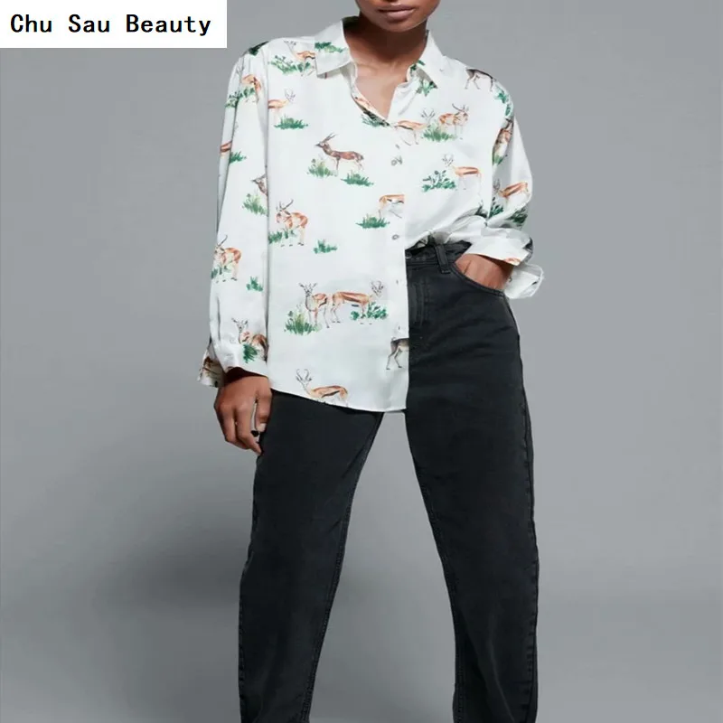 

Chu Sau Beauty 2021 Za Women's Fashion New Animal Print Long Sleeve Shirt Ladies Summer Satin Chic Business Office Casual Shirts