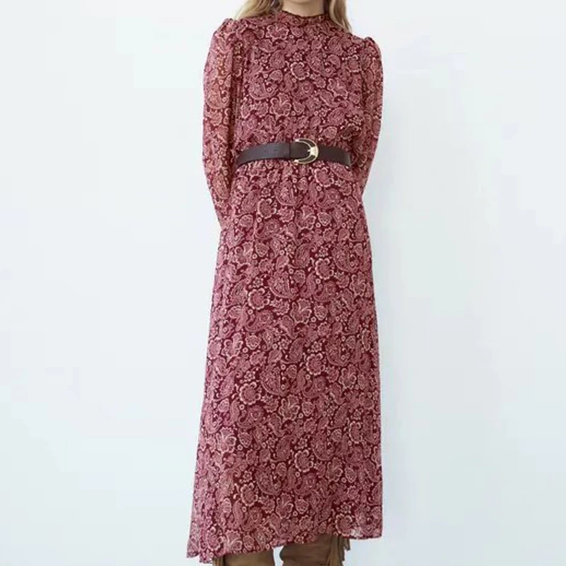 

Женское длинное платье с поясом, винтажное платье с длинным рукавом и круглым вырезом, украшенное пуговицами, BB4453, осень 2021