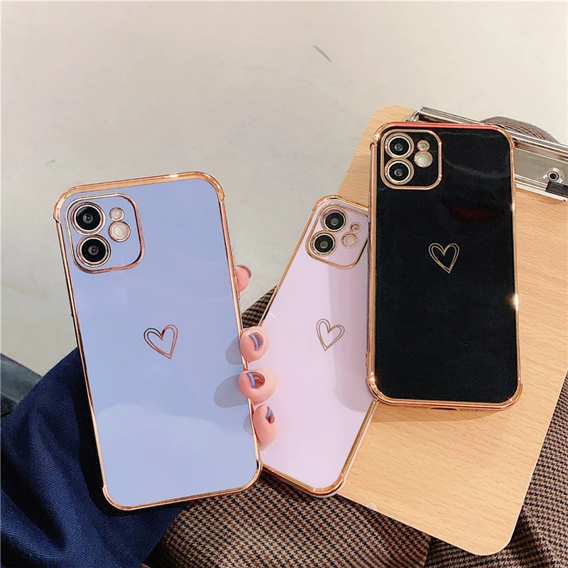

Love Heart Electroplating Bumper Phone Case For iPhone 12 11 Pro Max XR XS Max 7 8 Plus SE 2020 Soft TPU Camera Protection Cover