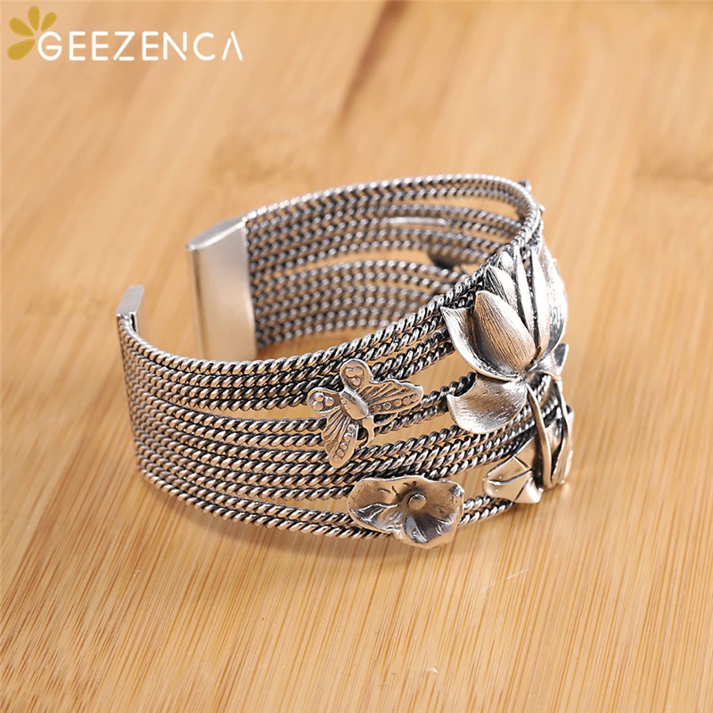 

999 Изящные серебряные тайские браслеты ручной работы с бабочкой лотоса, гиперболом, широкие браслеты, винтажный Открытый браслет, изысканны...