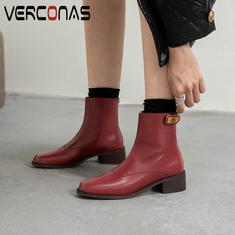 

VERCONAS Concise Women Ankle Boots Genuine Leather Thick Heels Shoes Woman New Metal Decoration Back Zipper Office Casual Boots