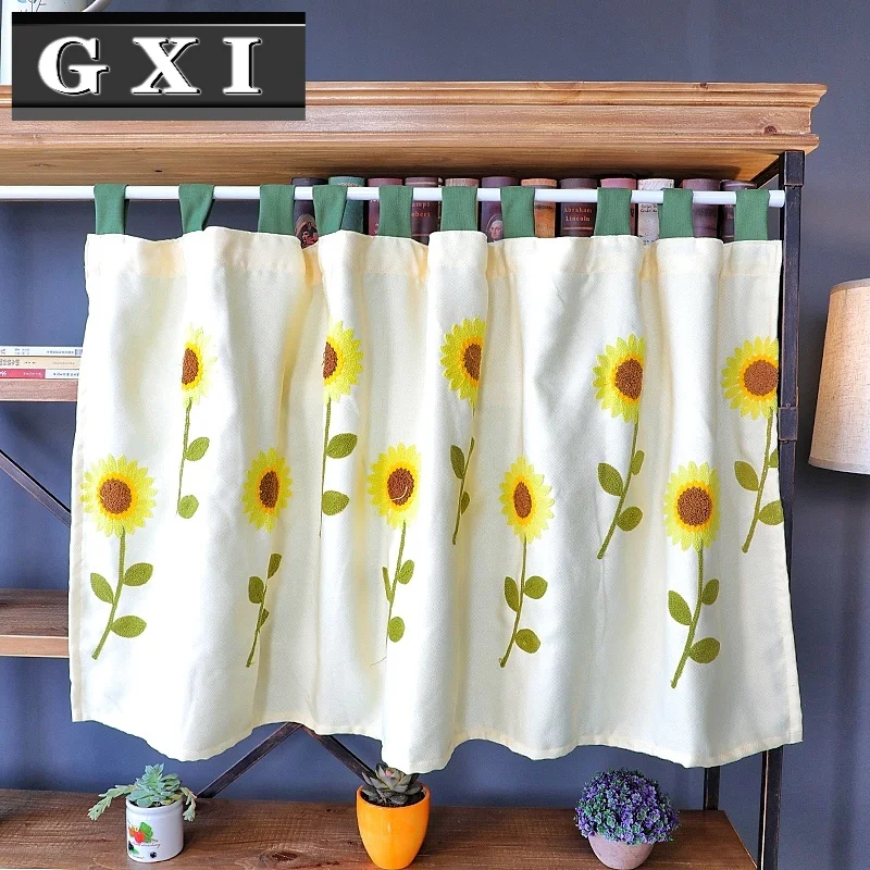 

Pastoral Style Half Curtains Sunflower Cotton Linen Fabric Tube Curtain Coffee Short Curtain For Bar Kitchen Cabinet Door Drapes