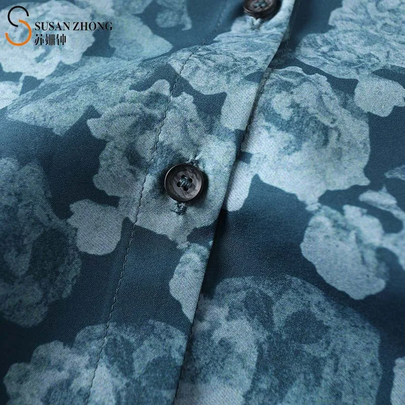 

Women Shirts Female Blouse Ladies Tops 2021 Spring New Elegant Office Loose Mid-Long Flower Print Turn-Down Collar Button Cuff