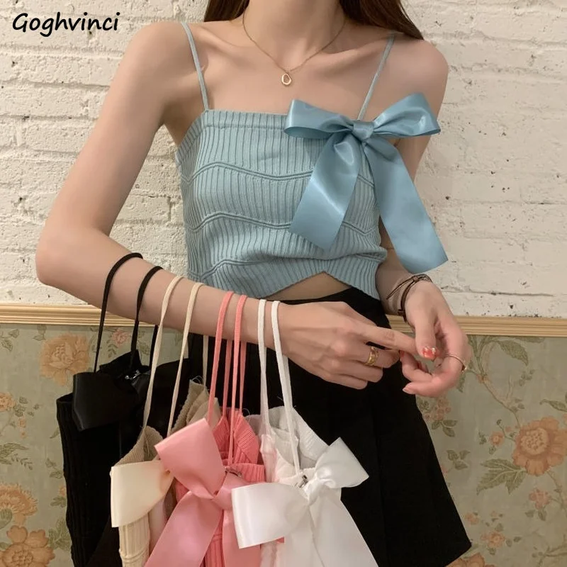 

Мульти-цвета с милым бантиком майки Для женщин Тонкий Спагетти ремень пикантные топы с открытой спиной корейский стиль Ulzzang эластичные Лифч...