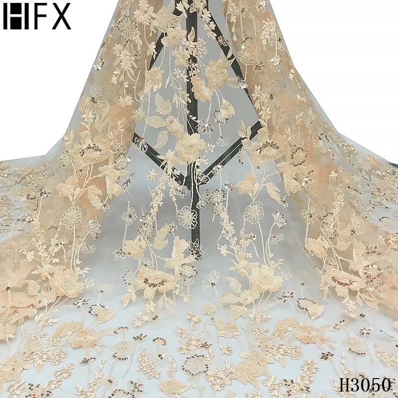 HFX Высокое качество африканская ручная работа бисером 3D кружевная ткань Розовая