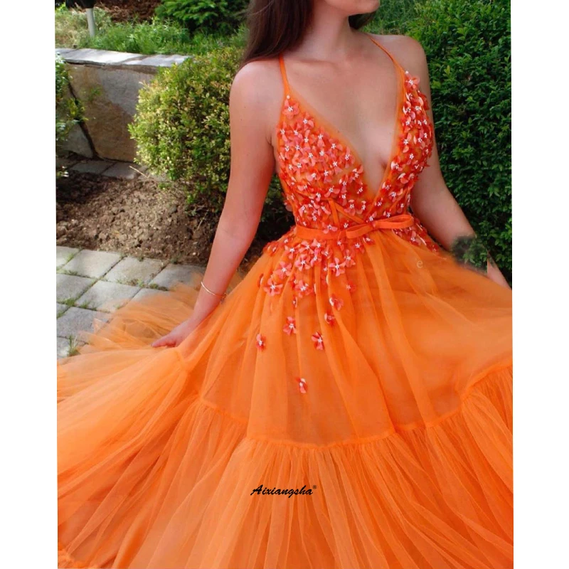

V Neck A Line Elegant Evening Dresses Long 3D Flowers Spaghetti Straps Party Dress Robe De Soiree