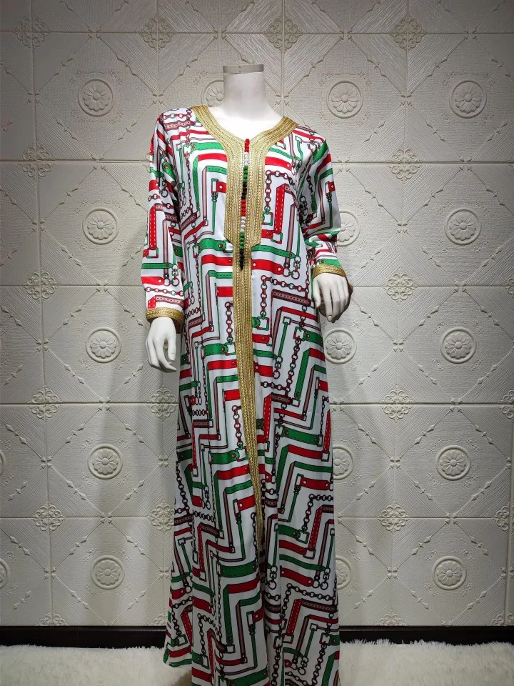 

Chain Print Abaya Dress for Women 2021 Muslim Dubai Eid Jalabiya Moroccan Oman Turkey Arabic Islamic Clothing