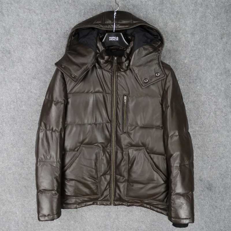dark brown Фирменное Новое мужское пальто из натуральной кожи с подкладкой из утиного пуха, парки с капюшоном, теплая куртка для мужчин, большие размеры xxxxl 4xl - Цвет: dark brown