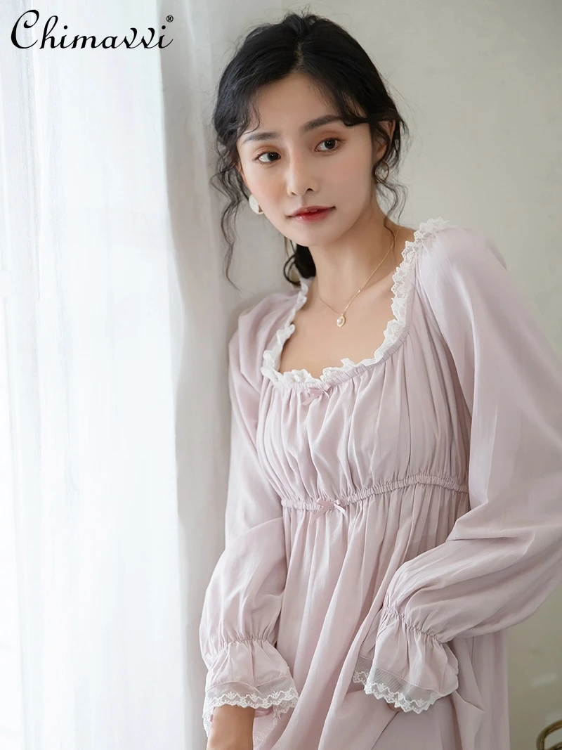 

Nightdress Women Spring/Summer Cute Sweet Square Collar Lace Edge Nightgown Cotton Long Sleeve Princess Fairy Style Sleepwear