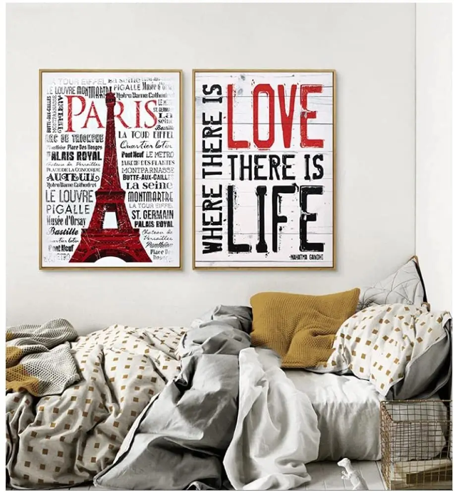 

Red Building Eiffel Tower Love Quote Poster Wall Art Picture Print Canvas Painting Bedroom Living Room Home Decor Unframed
