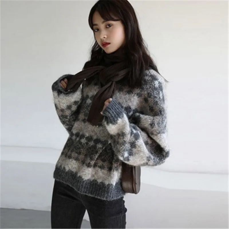 

Autumn and Winter Women‘s Sweaters Japanese Retro O-Neck Plaid Casual Thick Pullovers Long Sleeve Knitted Oversize Lady Clothes