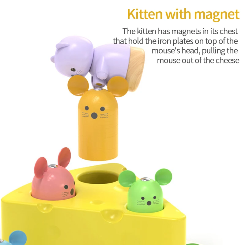 

Baby Montessori Wooden Toy Catching Mouse Magnetic Rescue Cheese Fun Game Learning Shapes Colors Education Toys