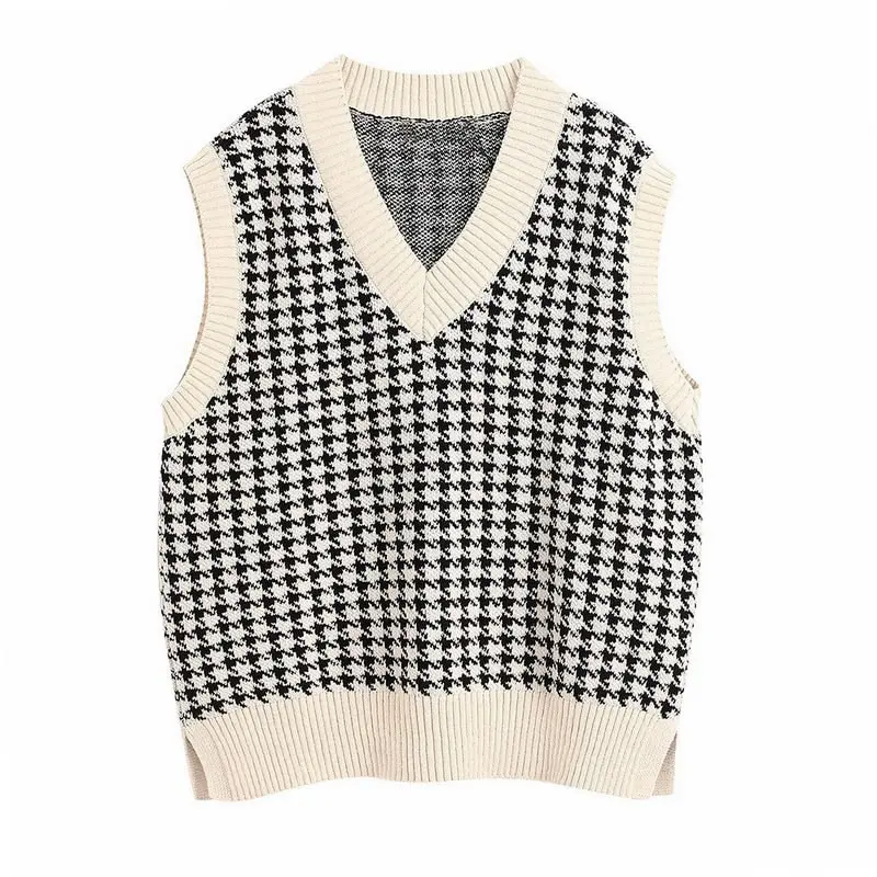 

Women 2021 Fashion Oversized Houndstooth Knitted Vest Sweater Vintage Sleeveless Side Vents Female Waistcoat Chic Tops