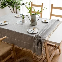 grid pattern tablecloth with tassel rectangular dining table cover cotton linen coffee table decoration room decor aesthetic