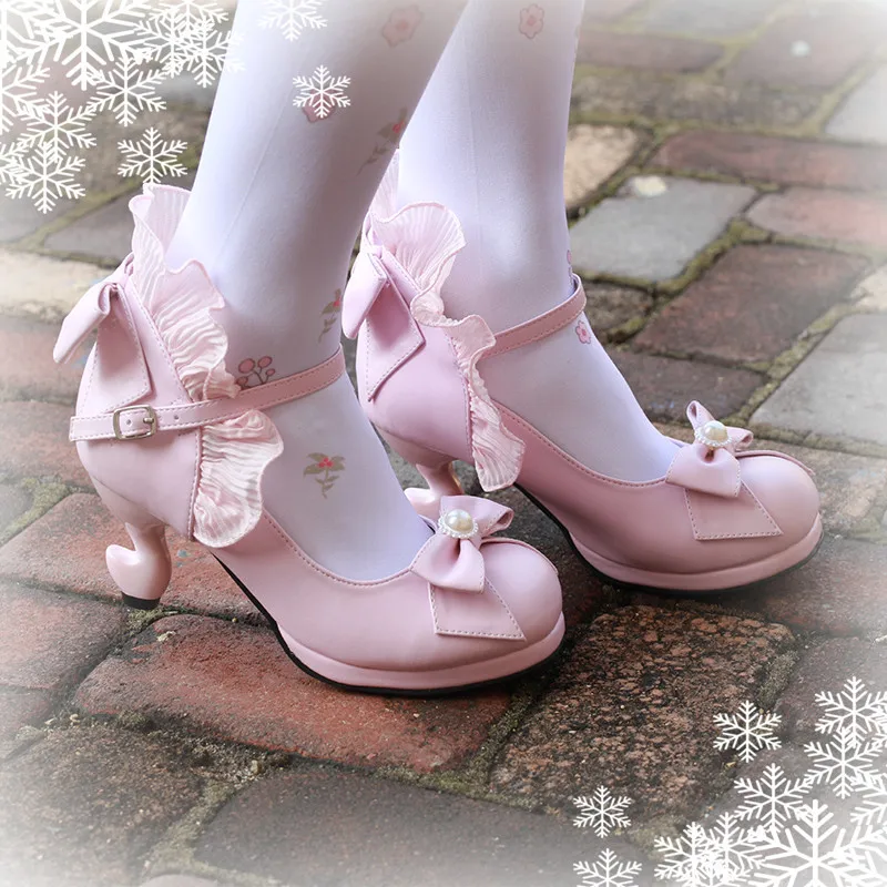 

Lolita soft girl daily gorgeous pearl lace bowknot cute sweet leather shallow mouth lace up shoes high heel cosplay loli cos