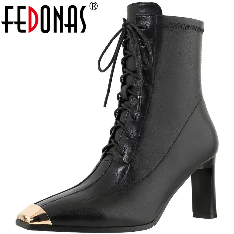 

FEDONAS Elegant Genuine Leather Ladies Ankle Boots Metal Decoration Cross Tied High Heels Shoes Women Wedding Party Shoes Woman