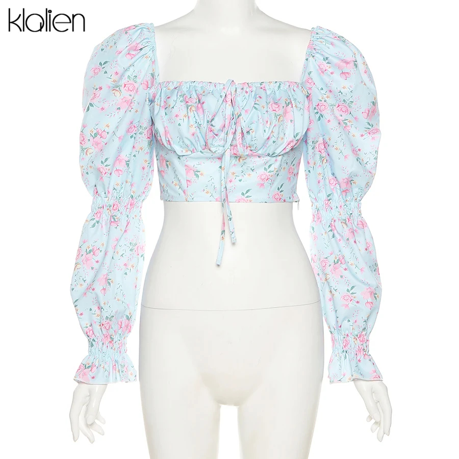 KLALIEN Spring Summer Fashion Elegant French Romantic Floral Puff Sleeve Square Collar Women Blouses New White Chiffon Shirt