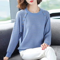 button patchwork hollow out o neck knitted pullovers women loose stripes thin sweaters female plus size long sleeve tops spring