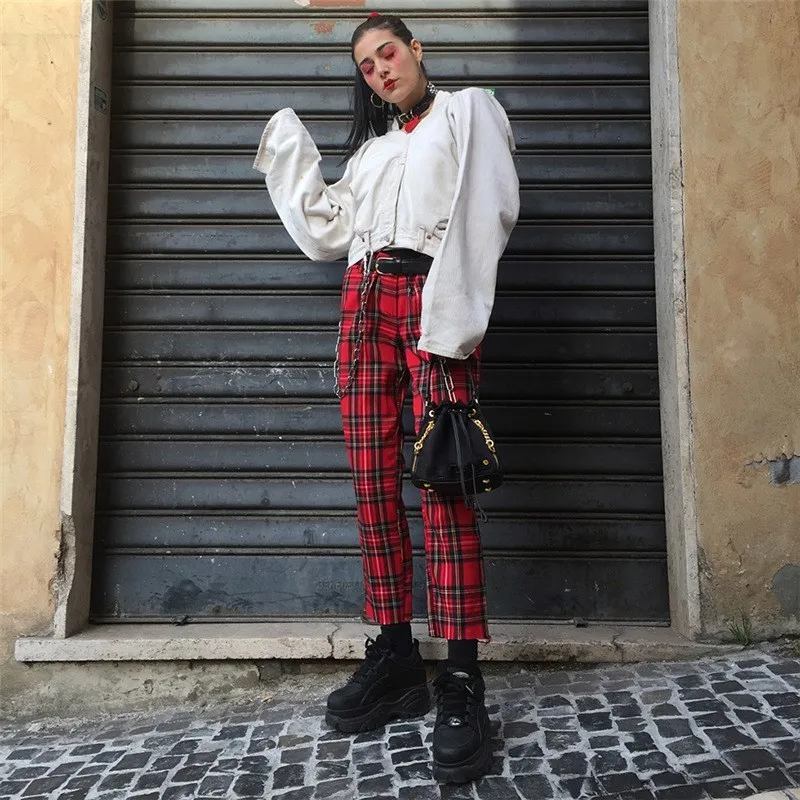 Женские клетчатые брюки свободные карандаш в стиле ретро панк красный|Брюки| |