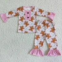 wholesale children christmas winter baby girl fashion clothes sleepwear set kid pink gingerbread top ruffle pants outfit pajamas