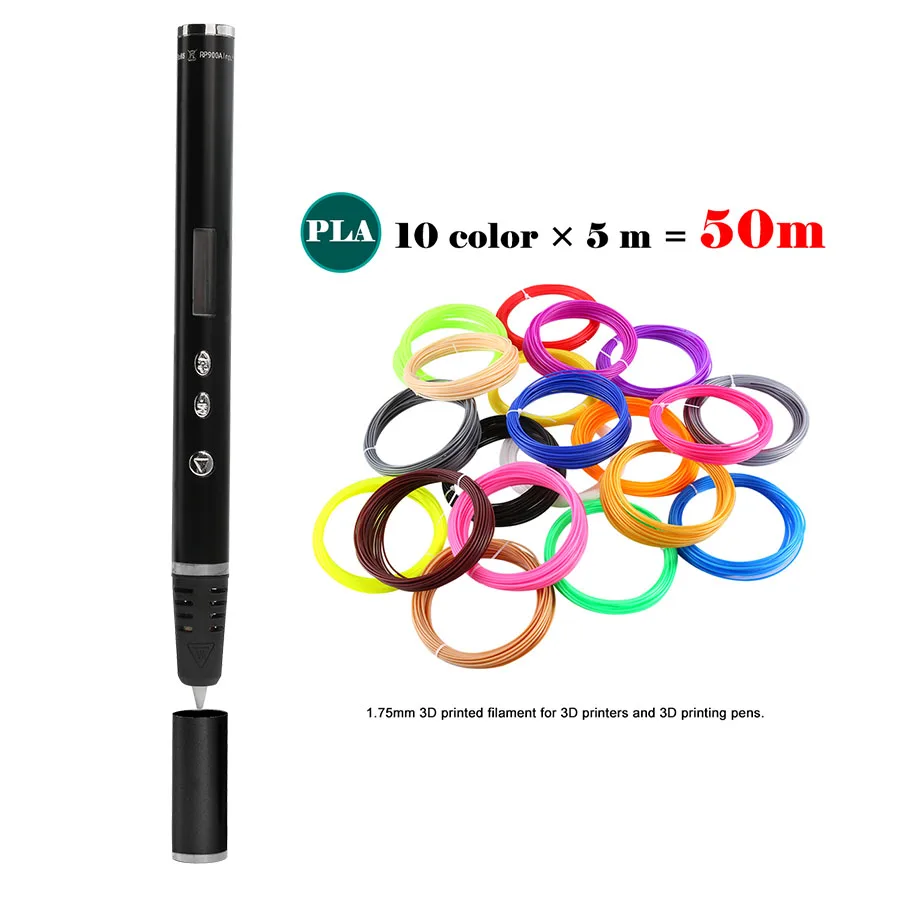 Black-50M PLA Новая горячая RP900A 3D Ручка Самая тонкая DIY 3D печать Ручка в мире креативная игрушка подарок рождественские подарки для детей - Цвет: Black-50M PLA