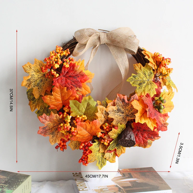 

Halloween Wreath Artificial Maple Leaf Pumpkin Wreath Halloween Door Decoration Thanksgiving Holiday Party Decor Autumn Wreath