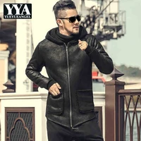high quality vintage medium long coat men high street winter zipper hooded faux leather jacket long sleeve warm outerwear m xl